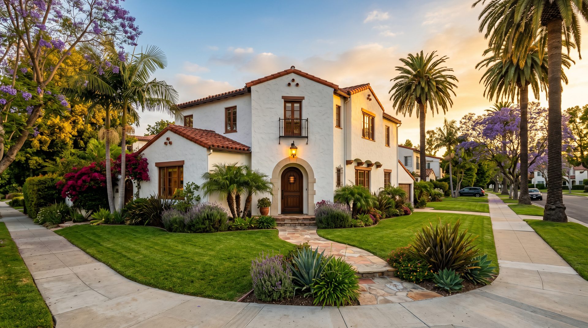 Charming Spanish-style home in a San Fernando Valley neighborhood at golden hour