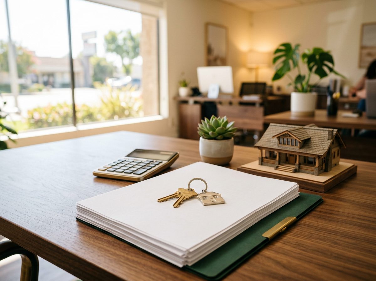 Real estate consultation desk with home loan documents and house keys